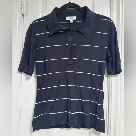 COS Navy and White Polo T-Shirt with half button down - Picture 2 of 6